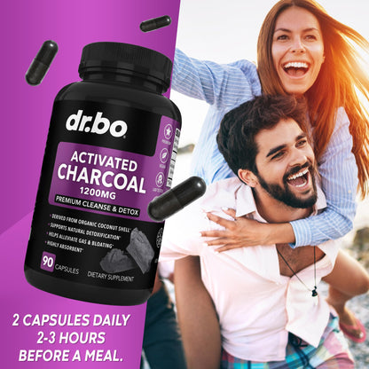 Dr Bo stomach gas and colon cleanse capsules bottle side view with warning directions