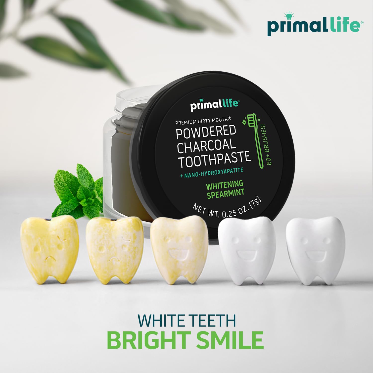 Primal Life Organics charcoal tooth cleaning powder open container showing natural black powder consistency