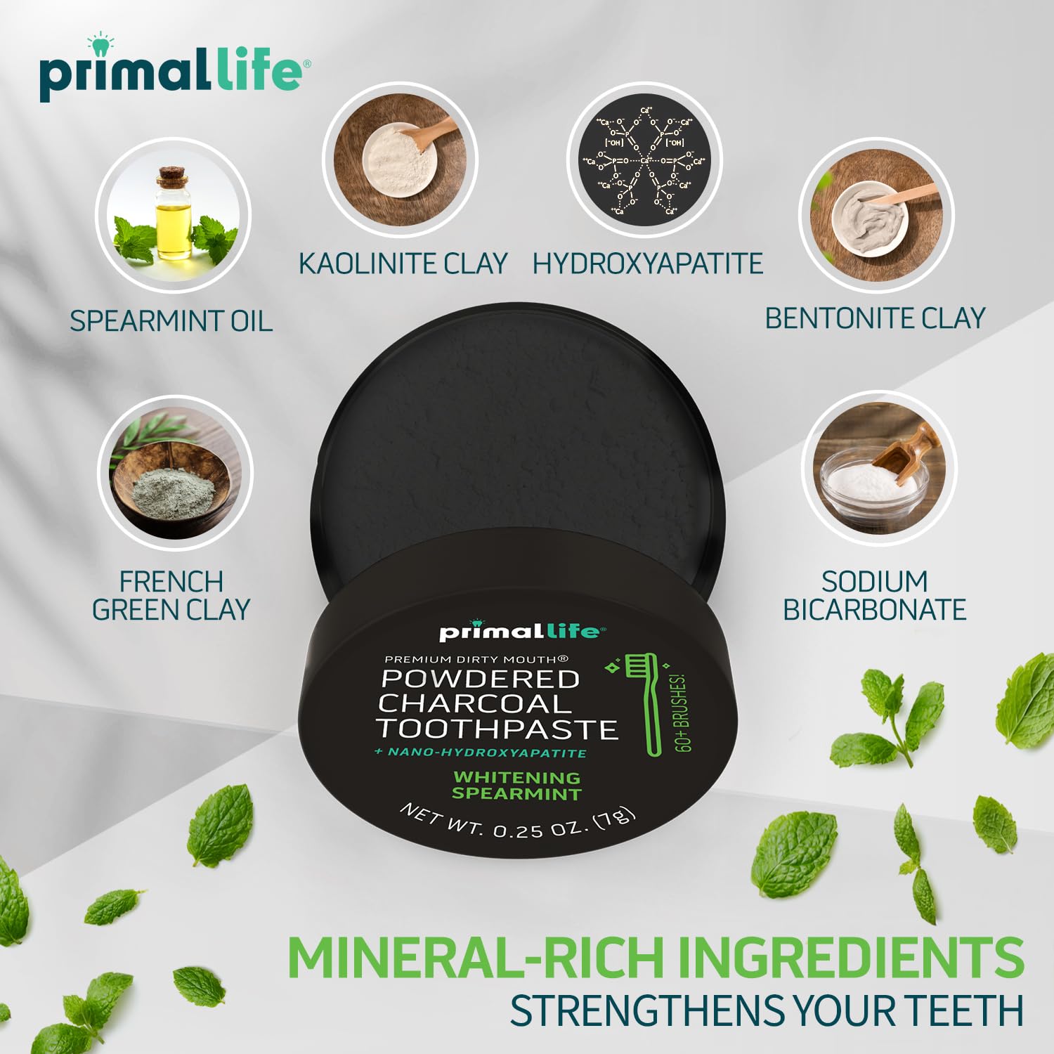 Primal Life Organics natural spearmint toothpowder container showing product size and brand labeling details