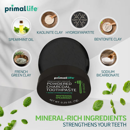 Primal Life Organics natural spearmint toothpowder container showing product size and brand labeling details