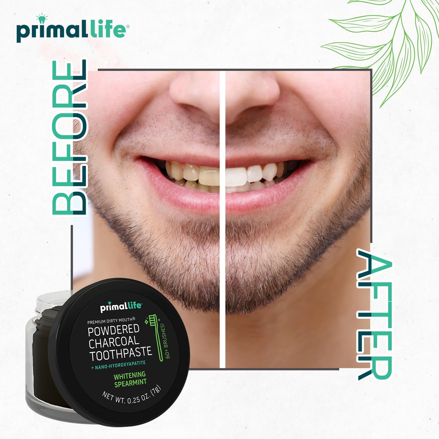 Primal Life Organics zero chemical clay based toothpowder back panel highlighting organic essential oil ingredients