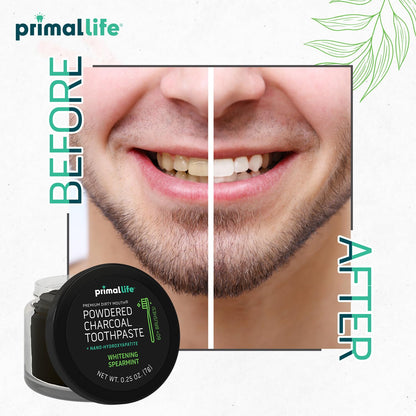 Primal Life Organics zero chemical clay based toothpowder back panel highlighting organic essential oil ingredients