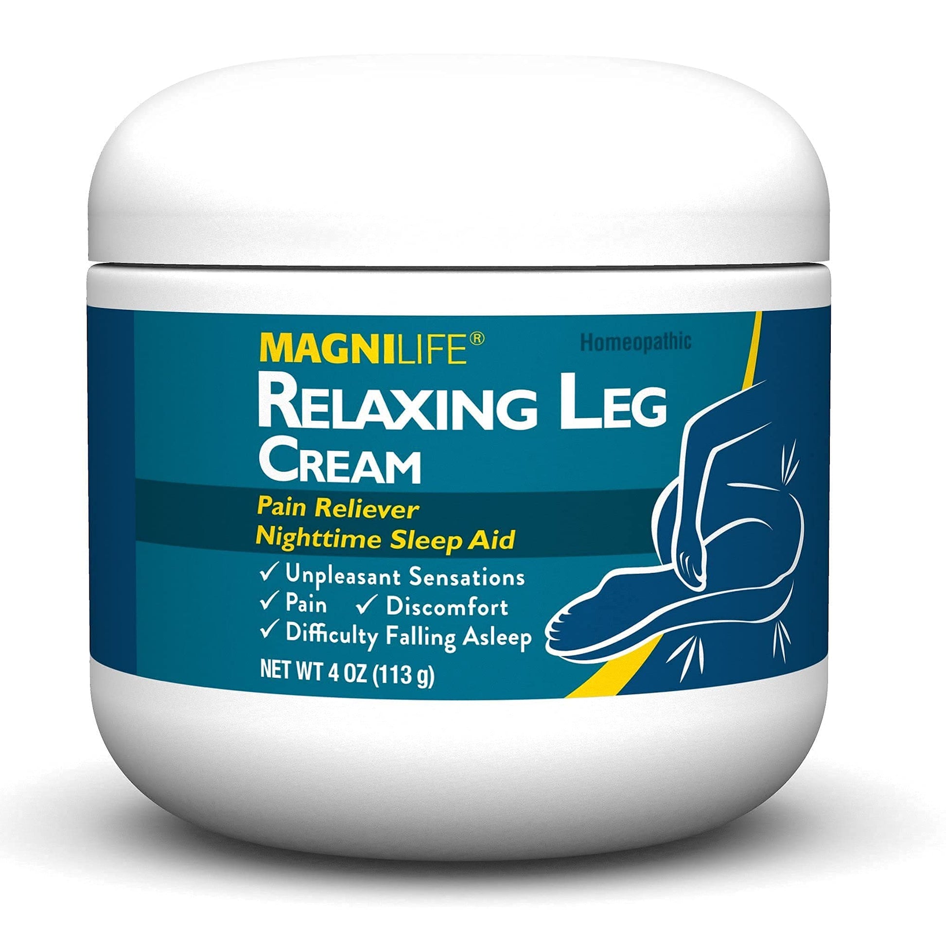 Close up of MagniLife Relaxing Leg Cream packaging showing key ingredients