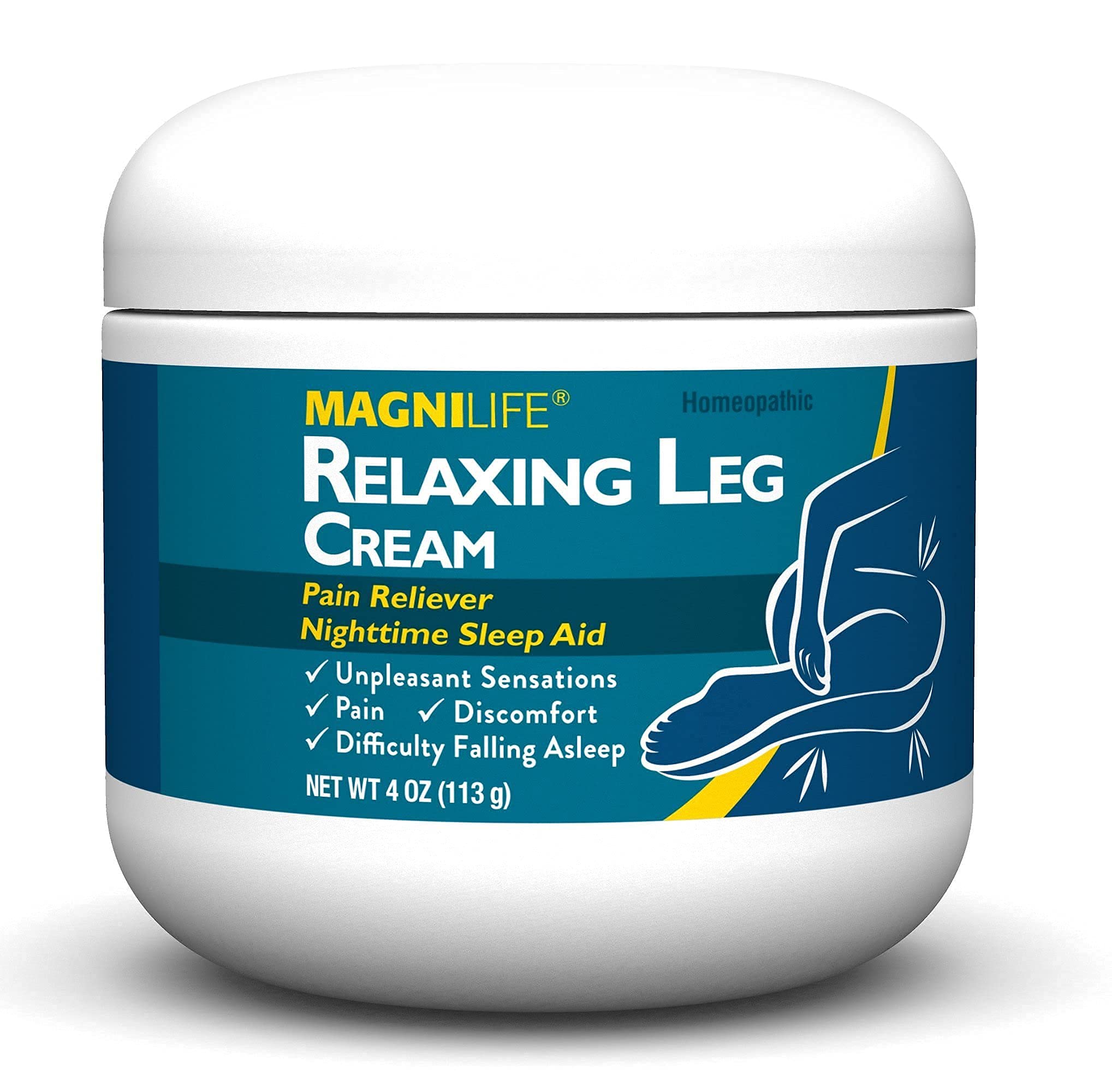 Close up of MagniLife Relaxing Leg Cream packaging showing key ingredients