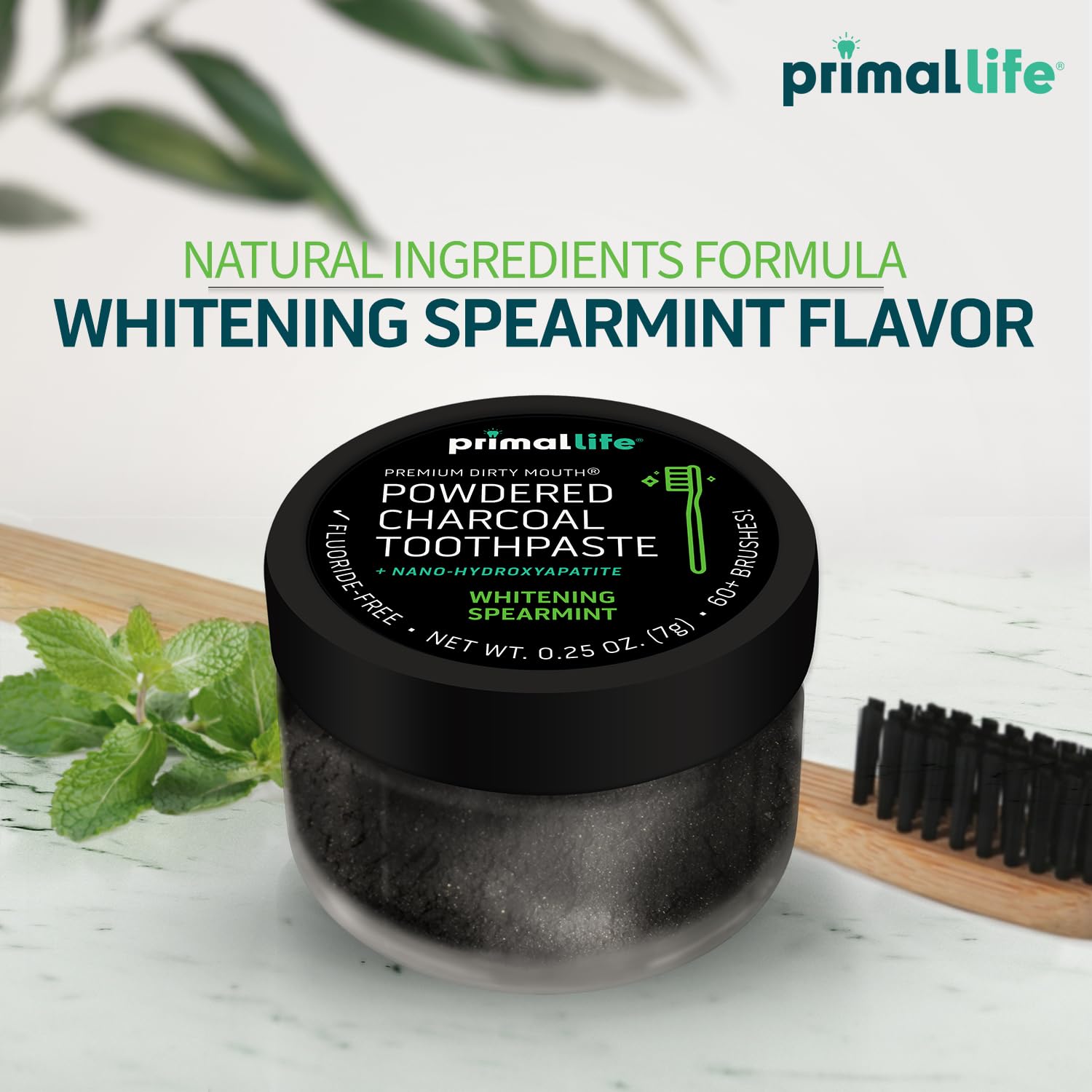 Primal Life Organics authentic imported black whitening toothpowder sitting upright on a modern clean background