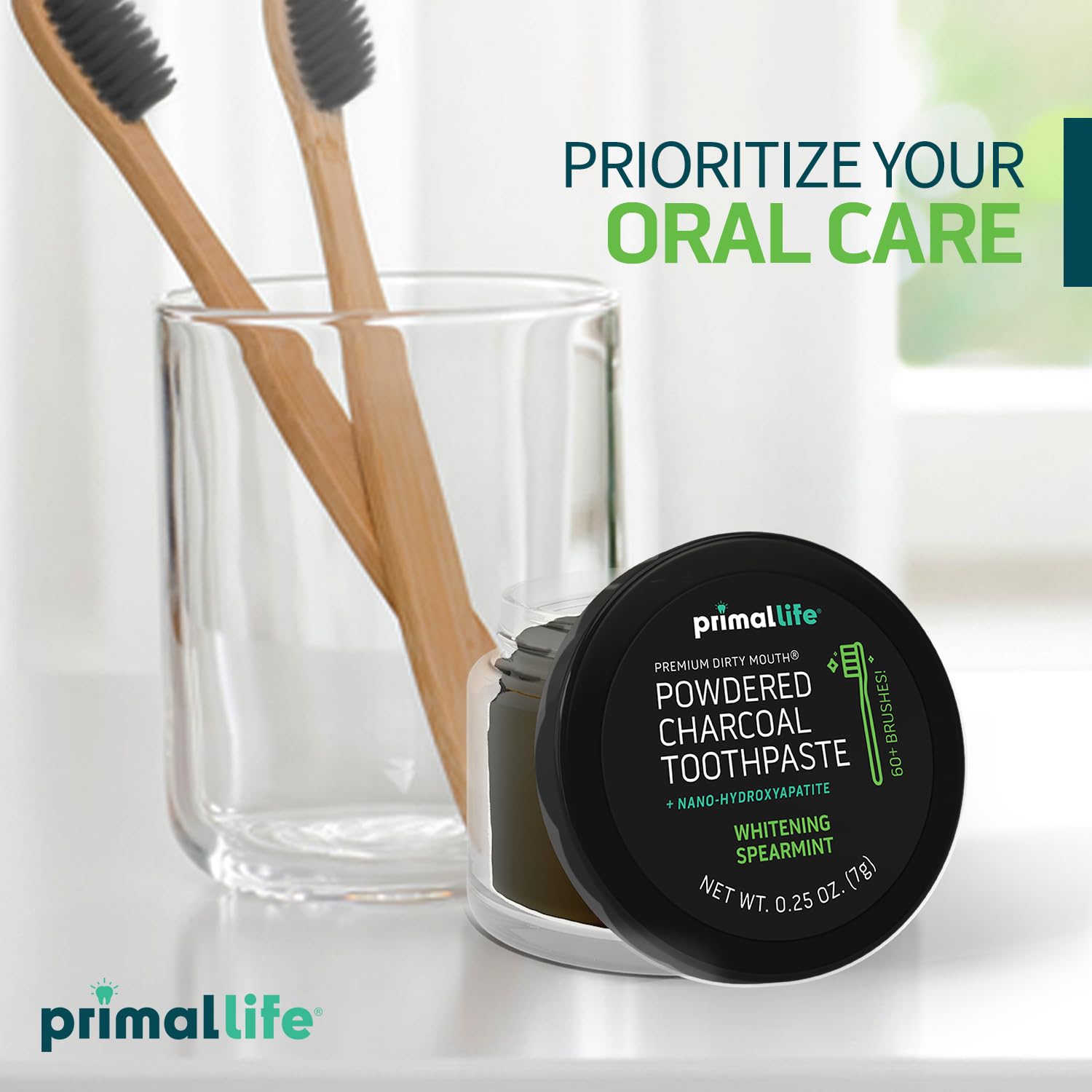 Primal Life Organics holistic oral care toothpowder showing side label with full usage instructions
