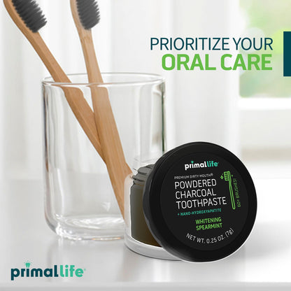 Primal Life Organics holistic oral care toothpowder showing side label with full usage instructions