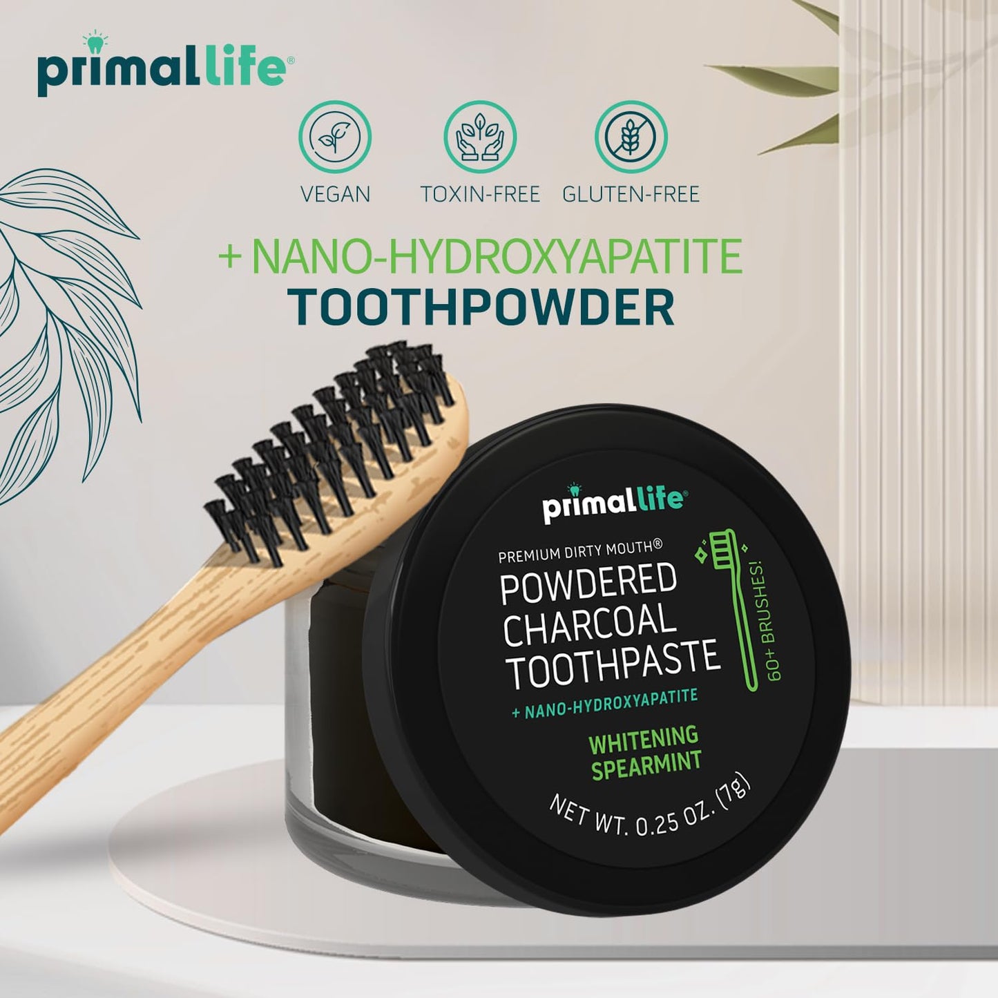 Primal Life Organics premium charcoal teeth whitening powder showing protective inner seal and clean packaging