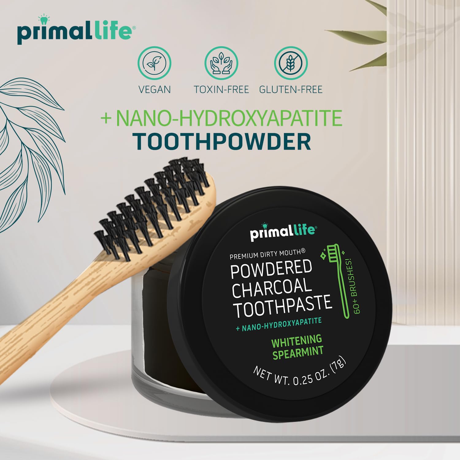 Primal Life Organics premium charcoal teeth whitening powder showing protective inner seal and clean packaging