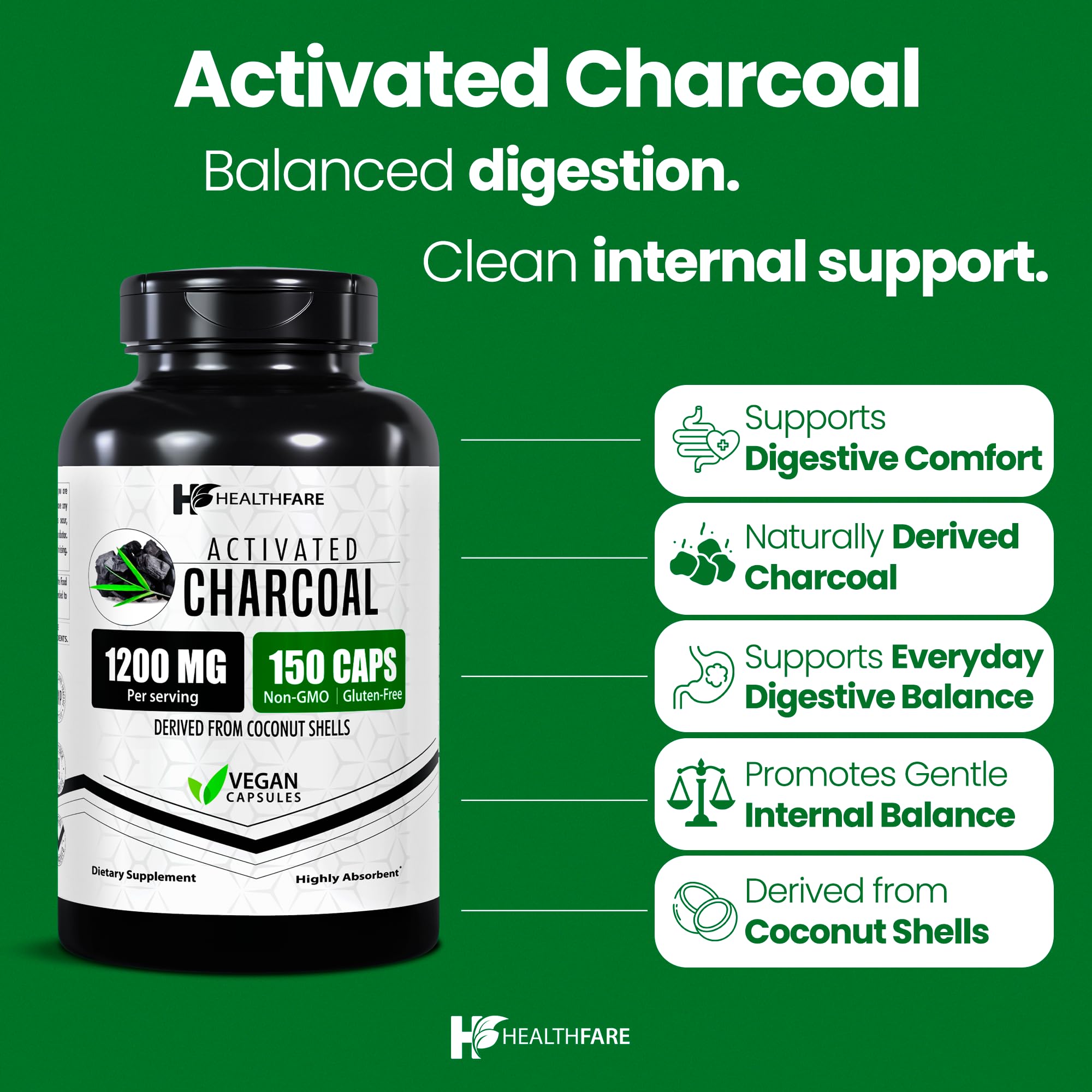 Side view of organic coconut sourced charcoal supplement label detailing twelve hundred milligrams serving size