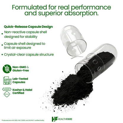 Healthfare supplement container with a heap of dark charcoal powder and vegan capsules nearby