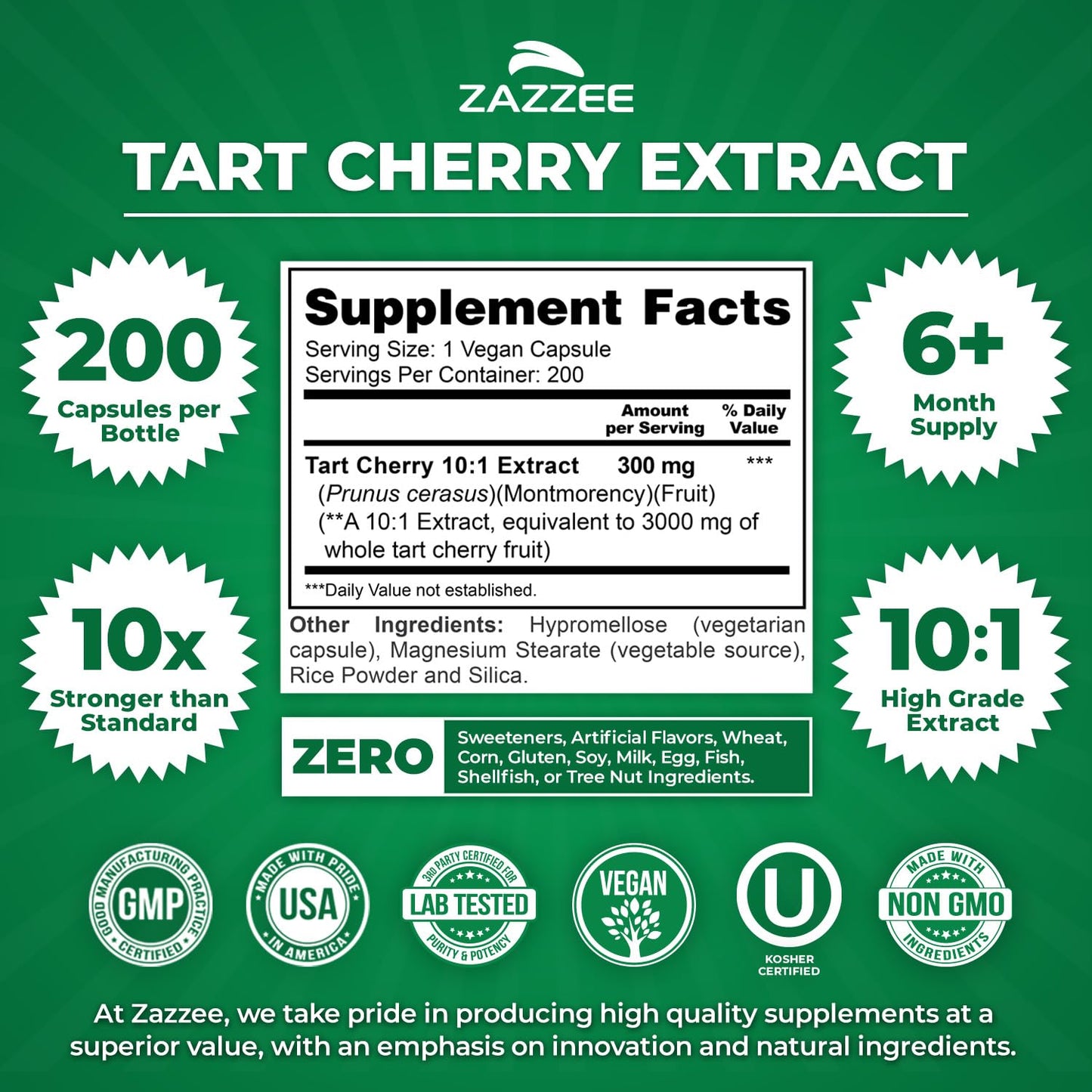 Zazzee 3000mg Tart Cherry capsules nutritional facts label