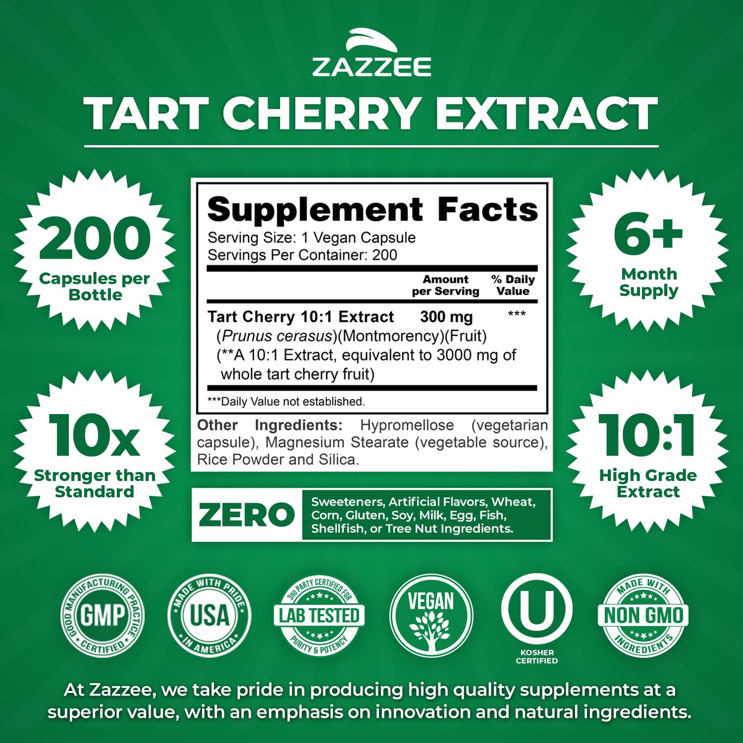 Zazzee 3000mg Tart Cherry capsules nutritional facts label