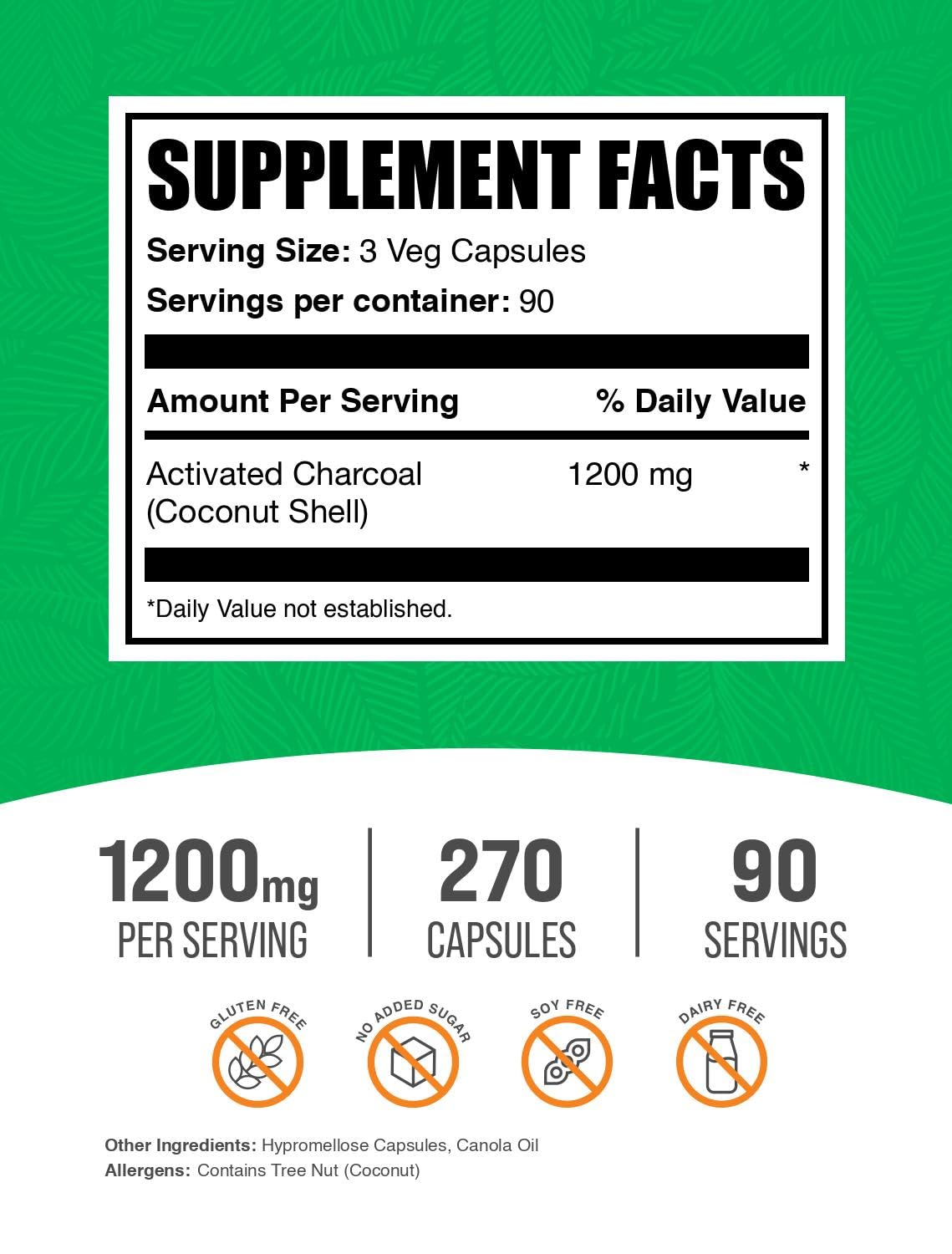 BulkSupplements Activated Charcoal 1200mg supplement facts panel