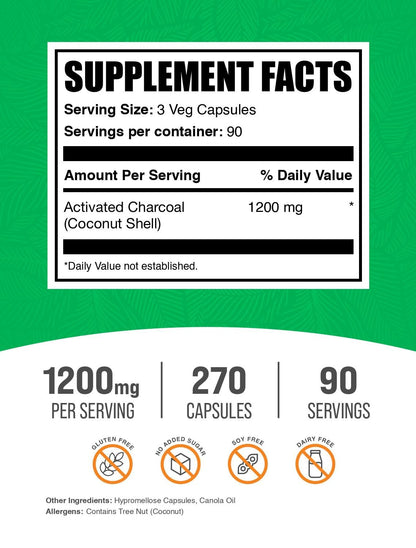 BulkSupplements Activated Charcoal 1200mg supplement facts panel