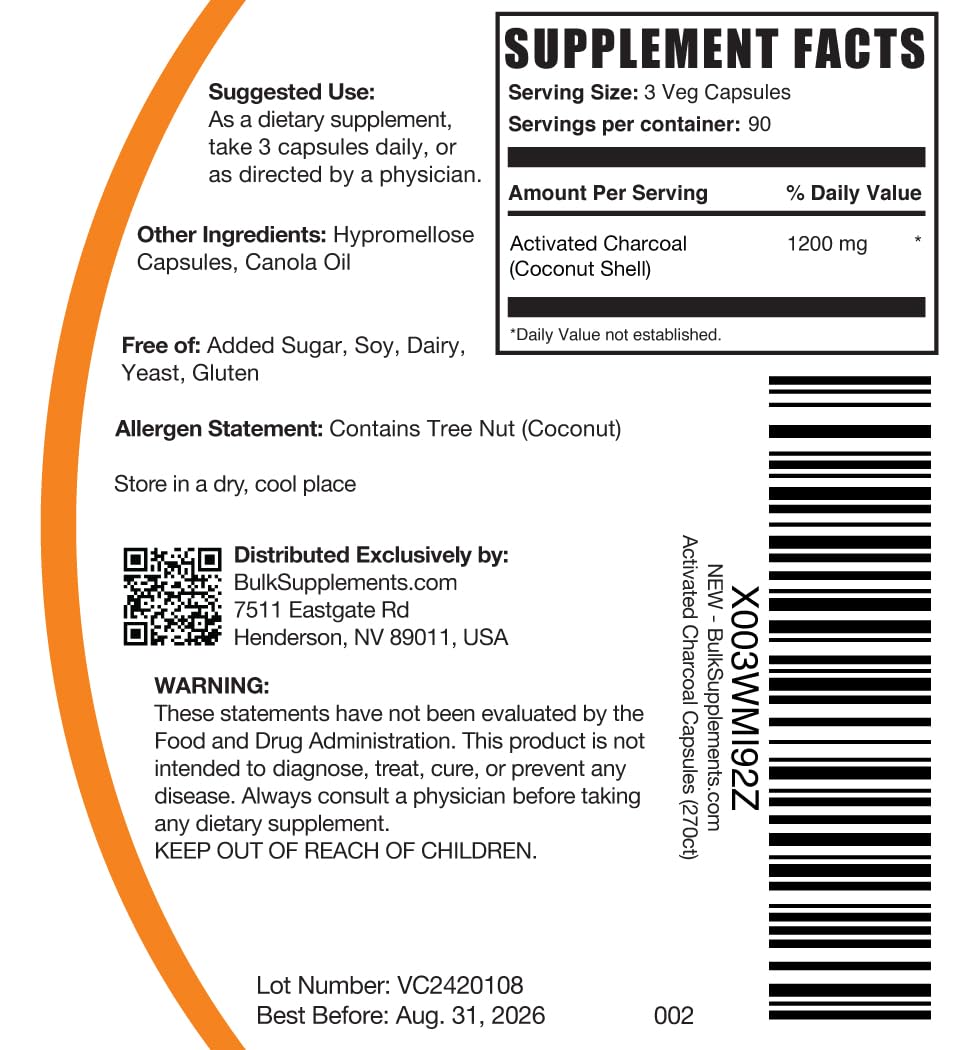 BulkSupplements Activated Charcoal capsules allergen free label certification