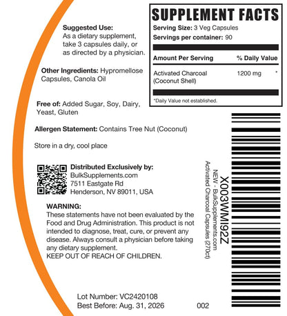 BulkSupplements Activated Charcoal capsules allergen free label certification