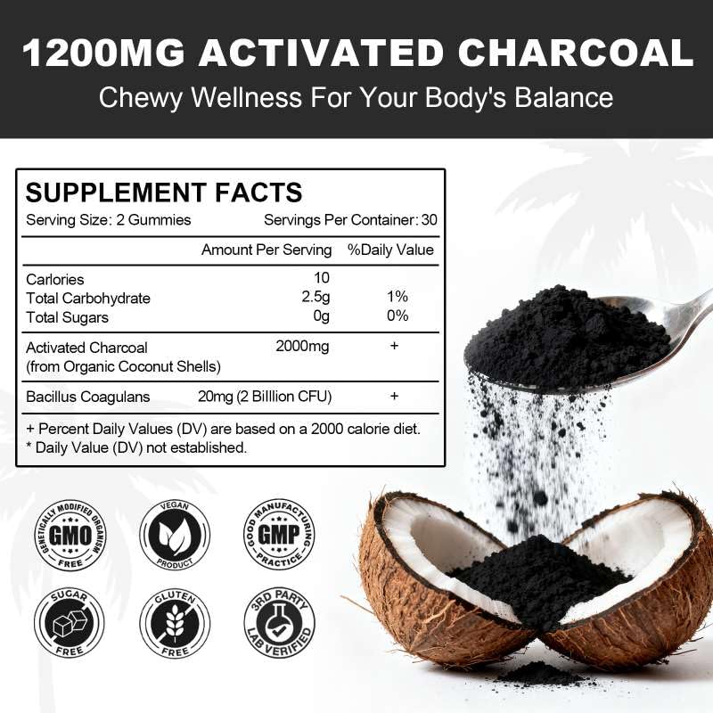 JOVITHEA organic coconut shell charcoal supplement 60 blueberry gummies nutrition facts