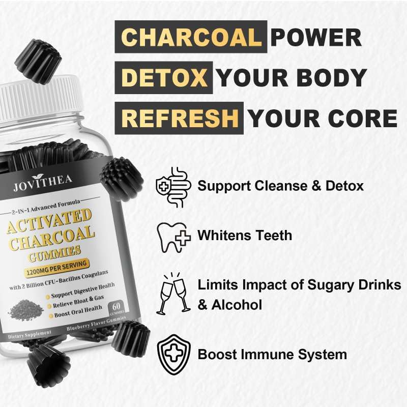 JOVITHEA 2-in-1 advanced formula charcoal and probiotics supplement packaging close up