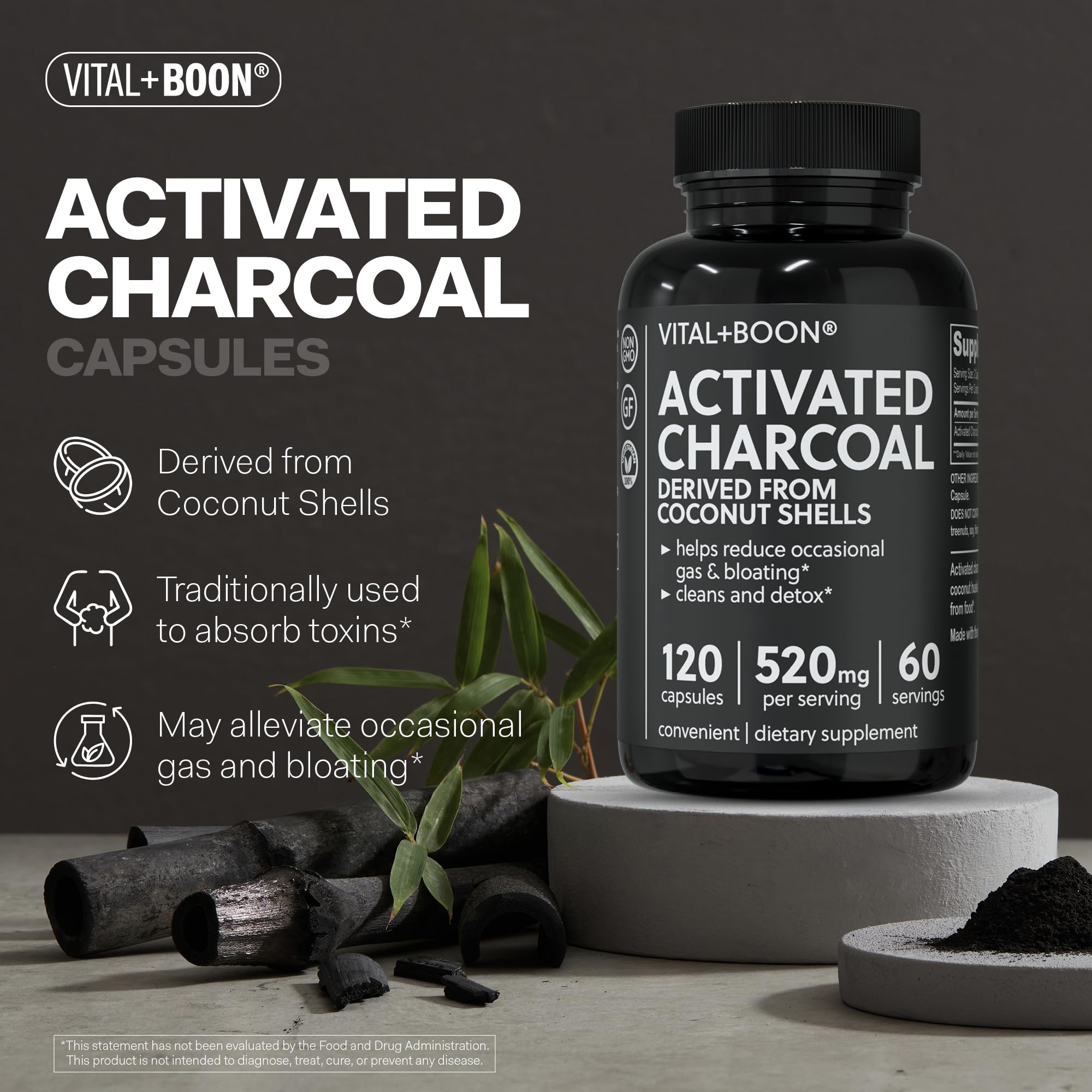 Vital+Boon charcoal binder supplement side panel displaying nutritional supplement facts.