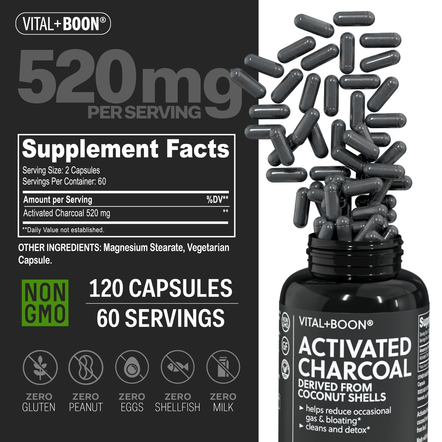 Coconut shell derived activated charcoal pills capsule size and form overview.