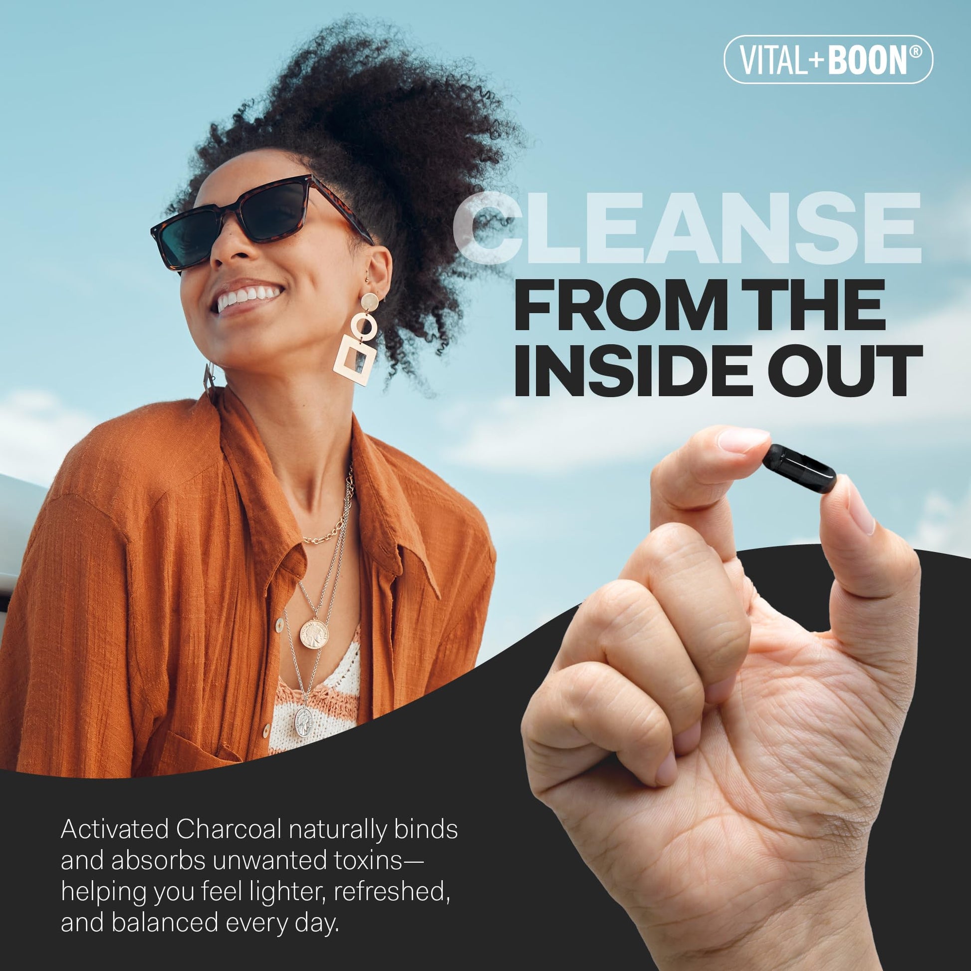 Activated black charcoal 520mg pills bottle cap and safety seal inspection.
