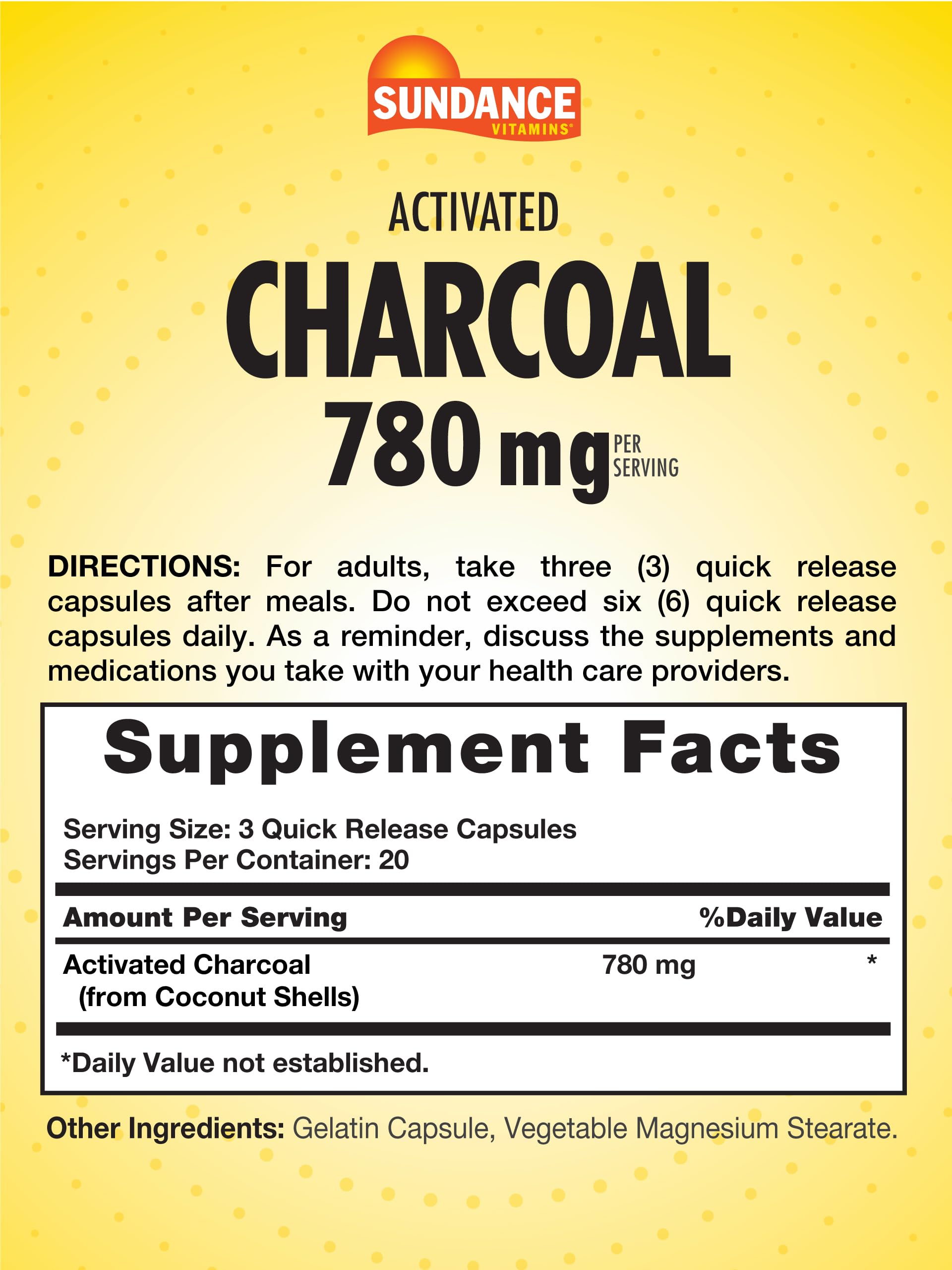 Sundance vitamins activated charcoal quick release capsules supplement facts label