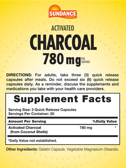 Sundance vitamins activated charcoal quick release capsules supplement facts label