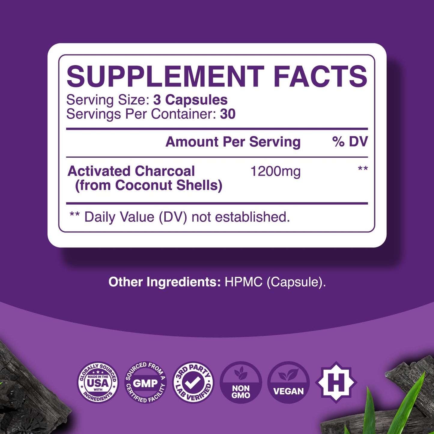 Phytoral non GMO coconut shell activated charcoal capsules side label and ingredients list