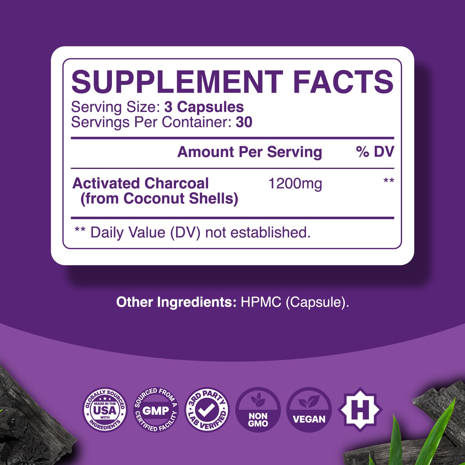 Phytoral non GMO coconut shell activated charcoal capsules side label and ingredients list