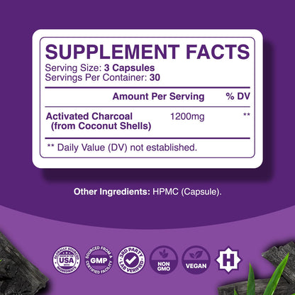 Phytoral non GMO coconut shell activated charcoal capsules side label and ingredients list