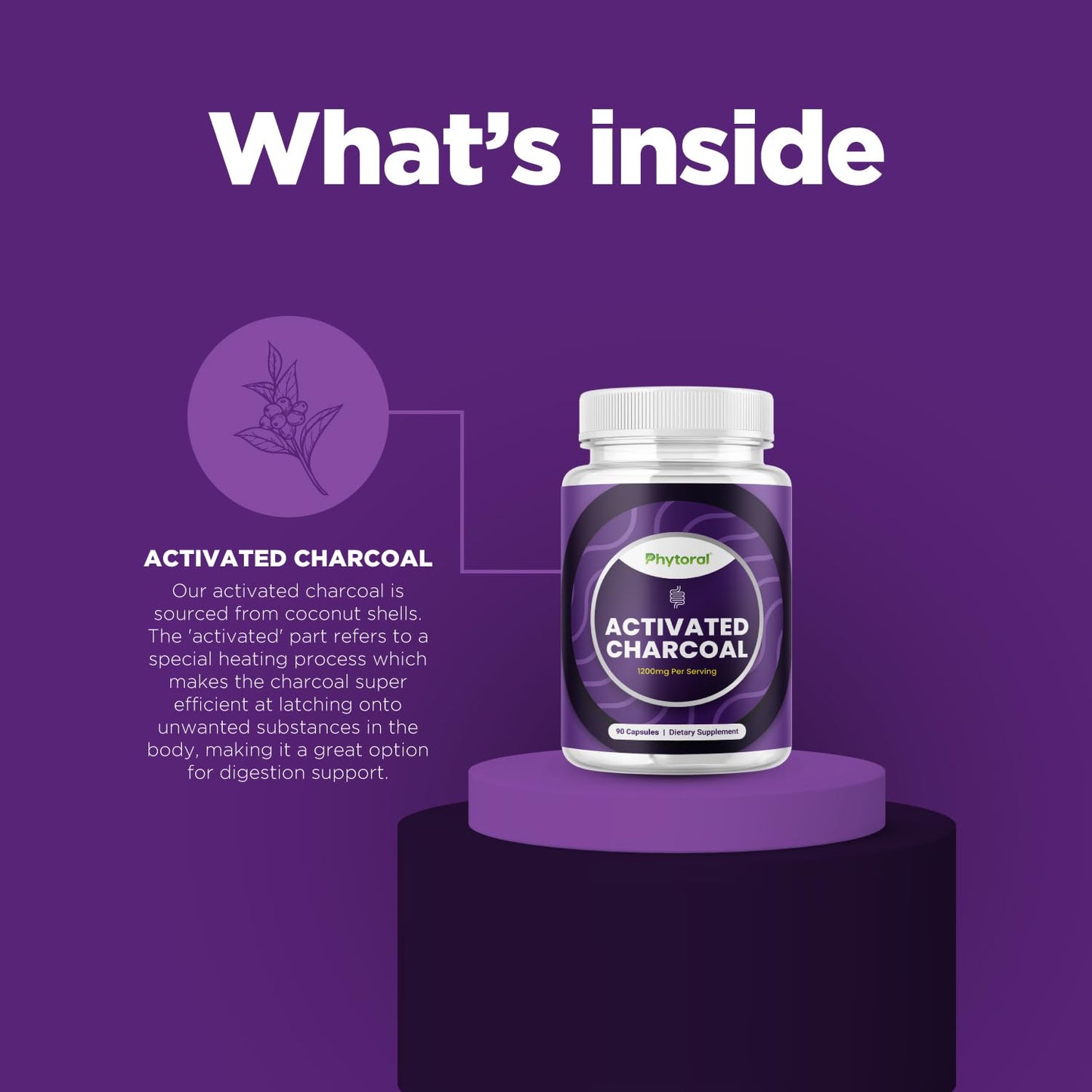Phytoral activated charcoal premium gut health supplement packaging displaying nutritional facts