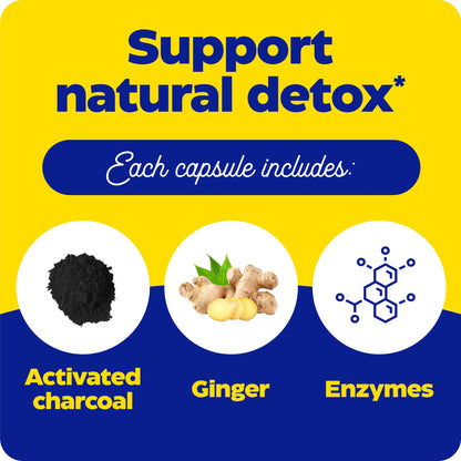 Enzymedica Activated Charcoal bottle standing upright alongside natural coconut graphics