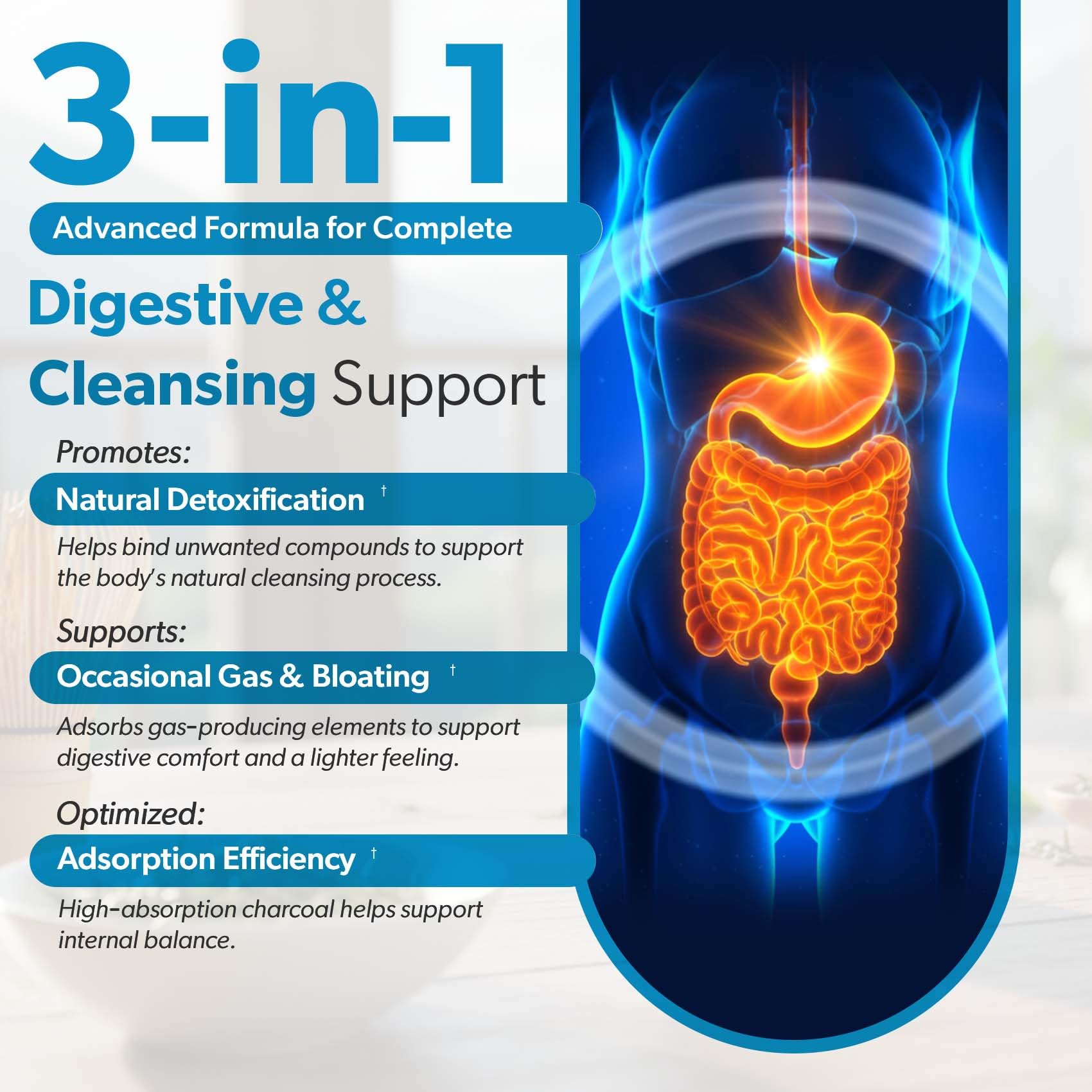 Organic coconut shell charcoal pills for stomach gas and bloating relief.