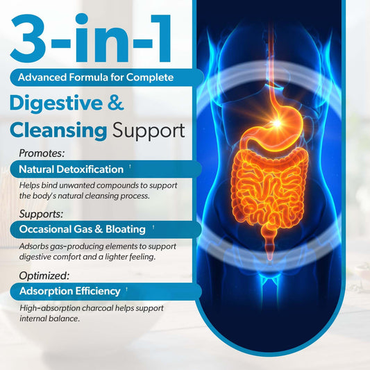 Organic coconut shell charcoal pills for stomach gas and bloating relief.