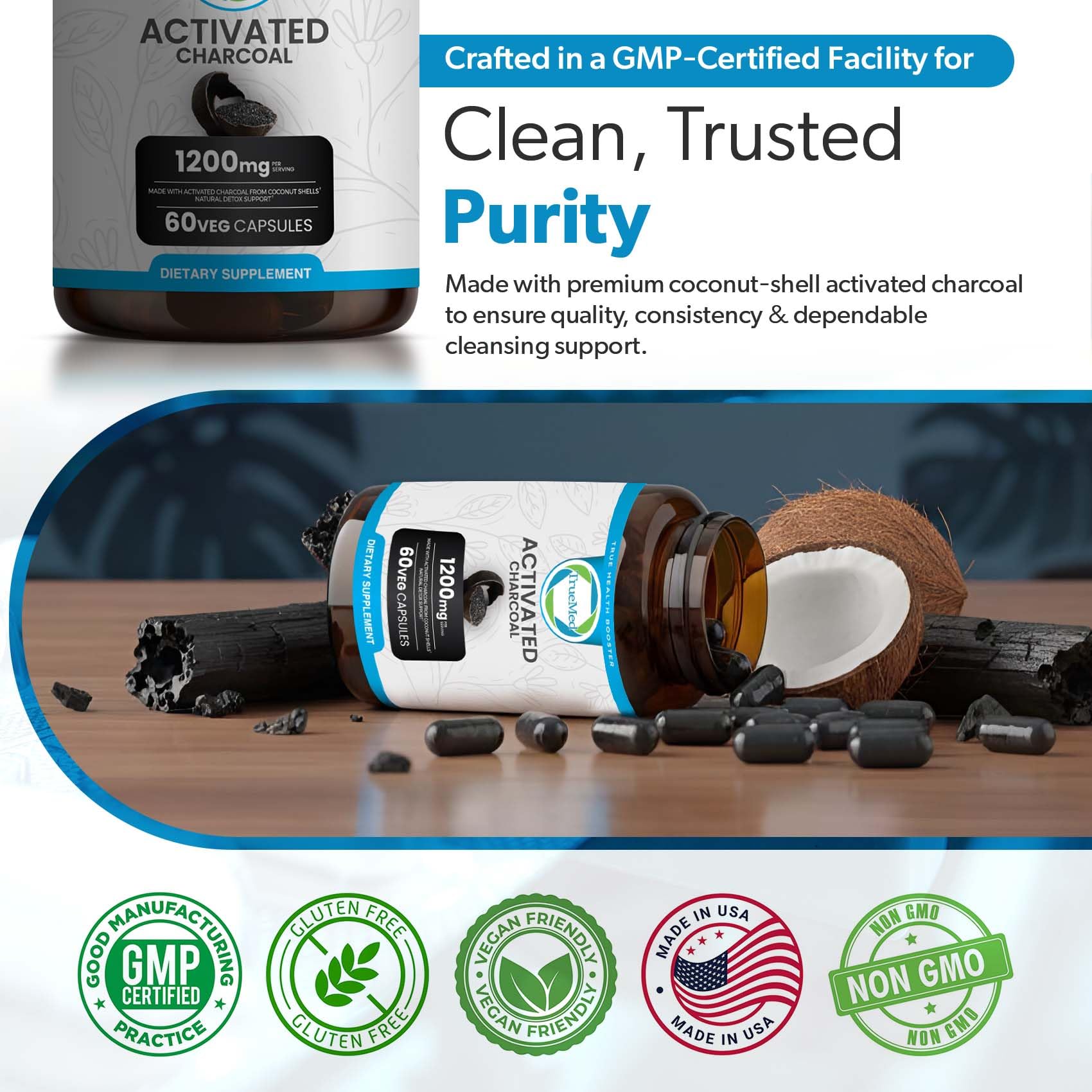 Supplement facts label on TRUEMED activated charcoal 1200mg packaging.