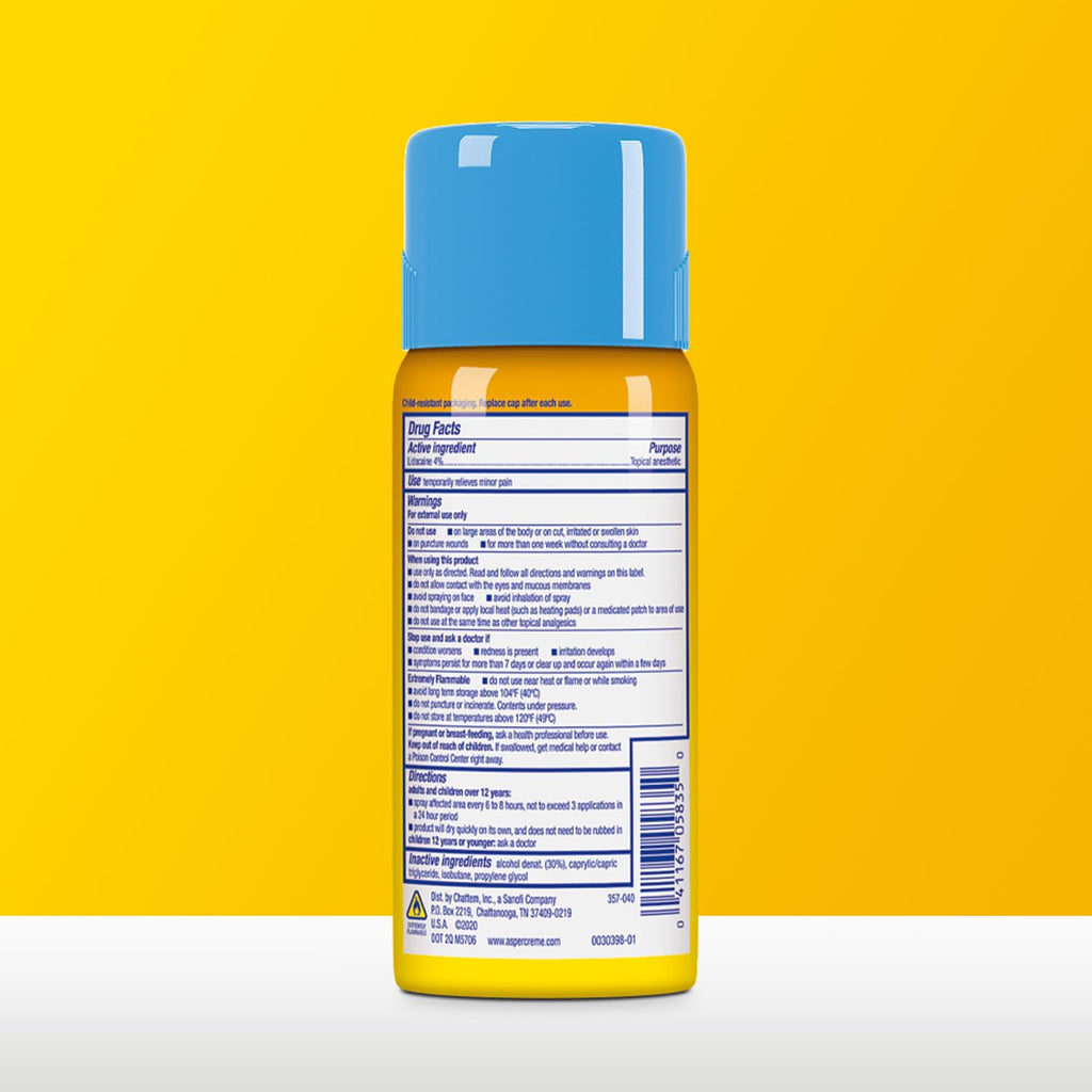 Aspercreme Lidocaine Spray 4 fluid ounce bottle side view