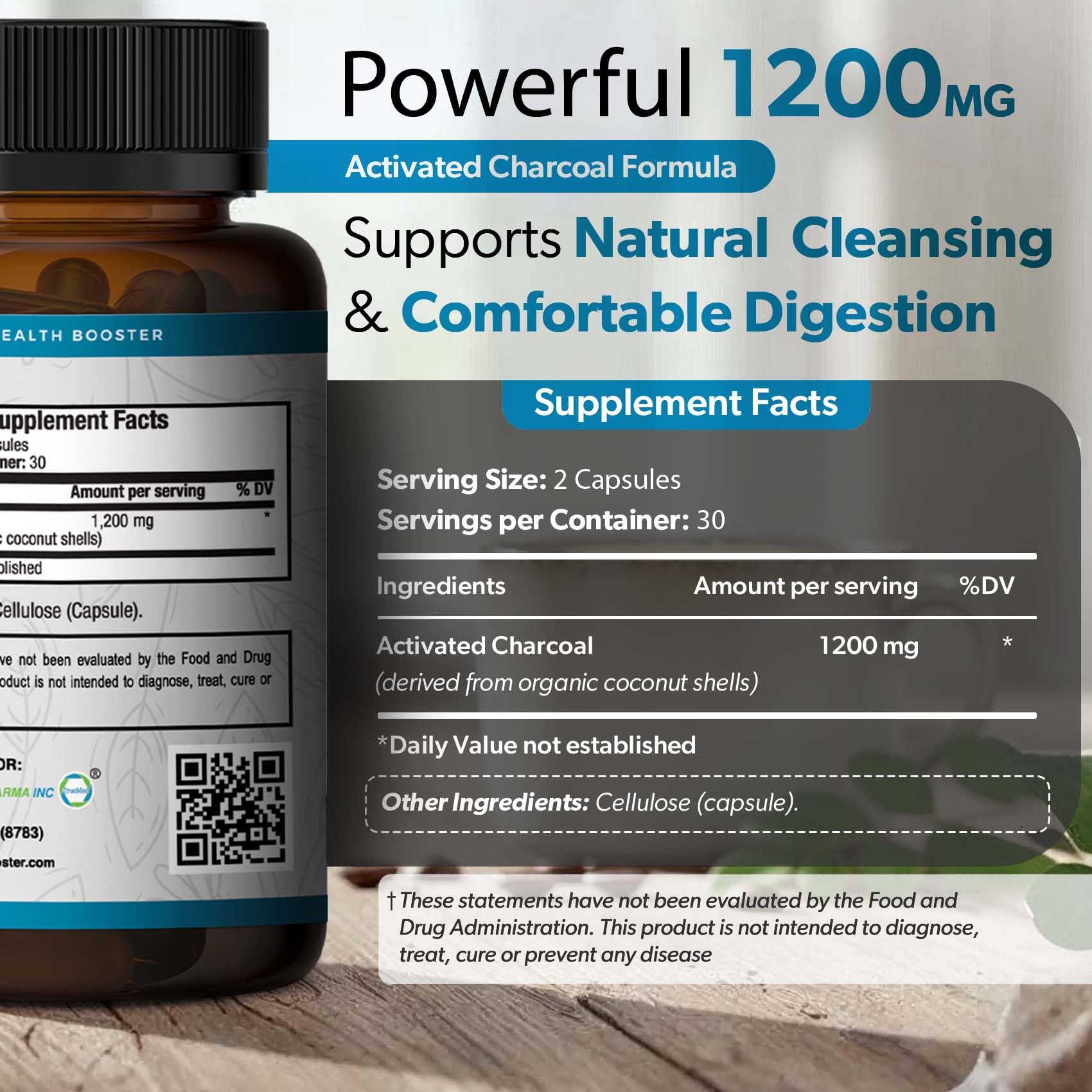 Premium charcoal digestive comfort pills bottle showing organic ingredients.