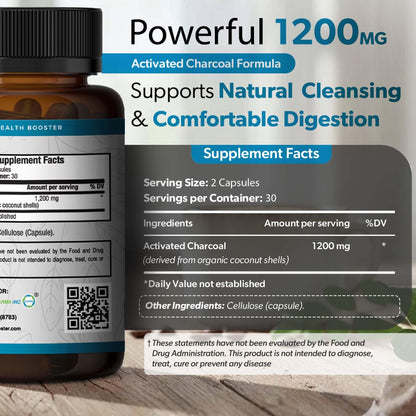 Premium charcoal digestive comfort pills bottle showing organic ingredients.