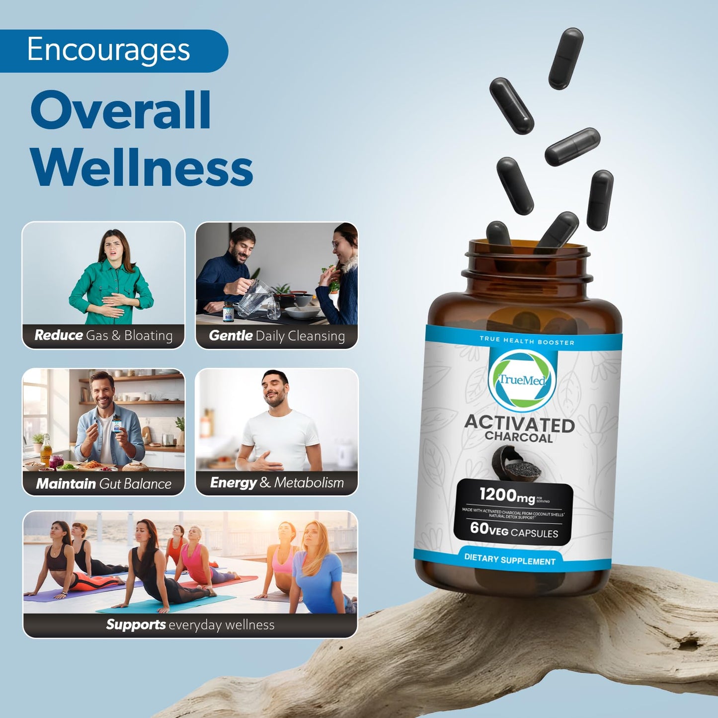 Full range view of TRUEMED health supplements for digestive wellness.