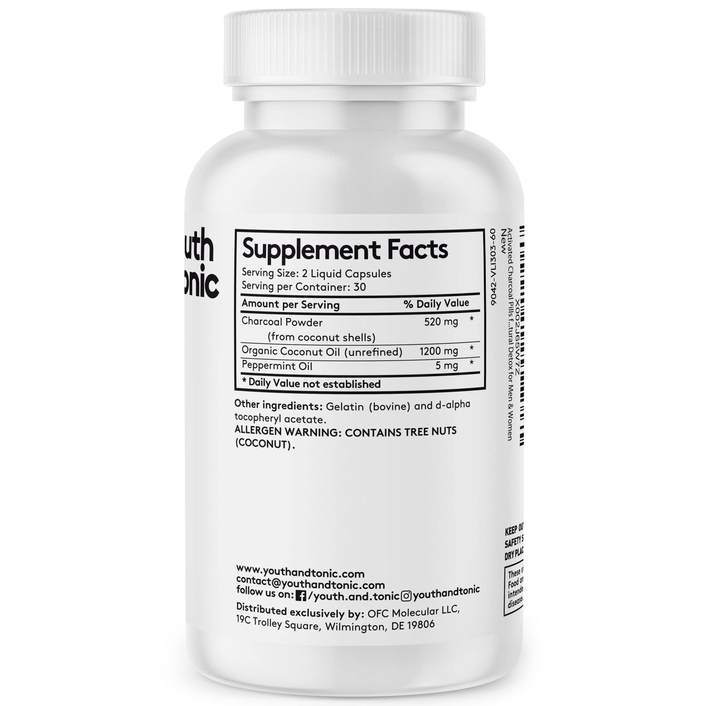 Youth & Tonic 3-in-1 liquid charcoal pills for bloating and gas relief.