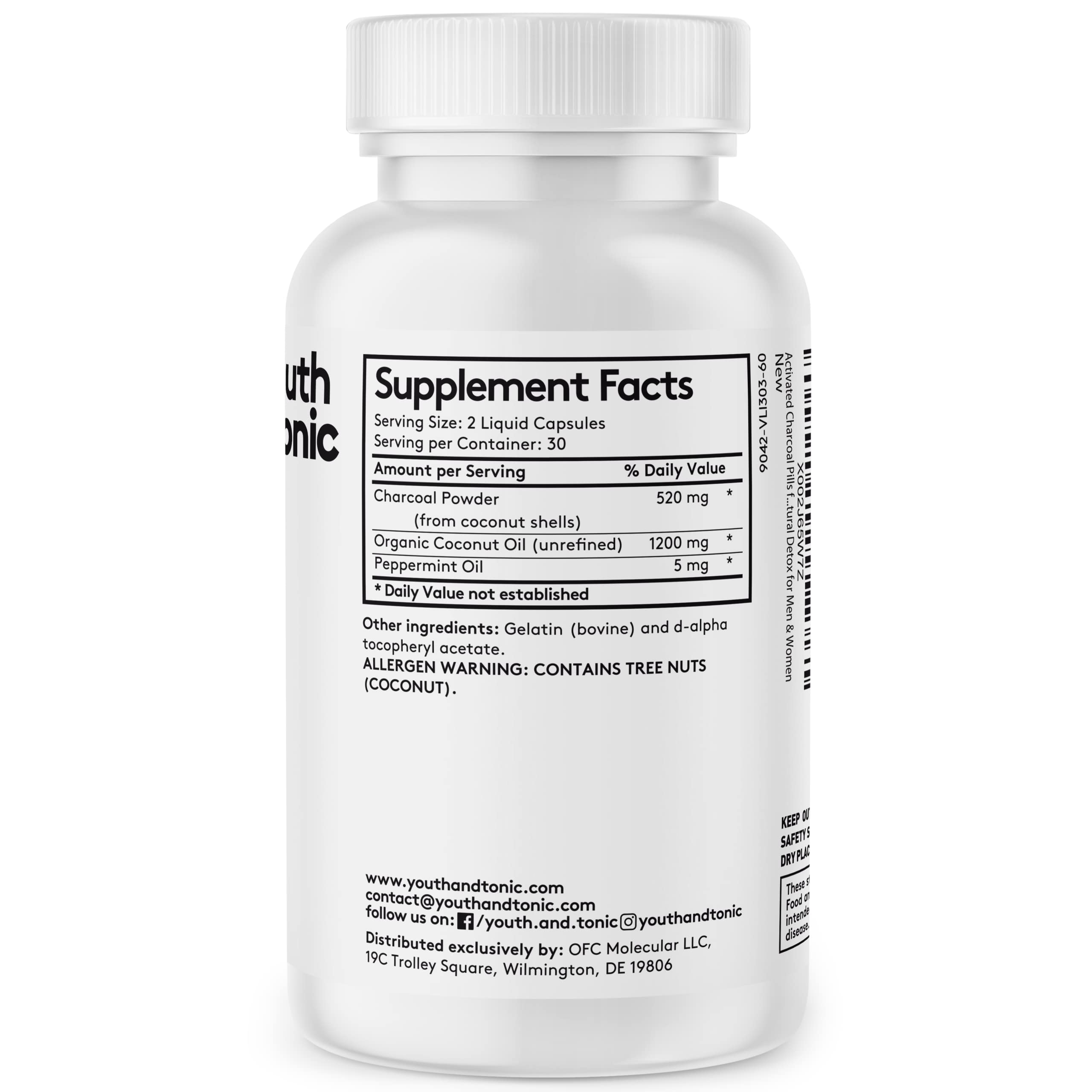 Youth & Tonic 3-in-1 liquid charcoal pills for bloating and gas relief.