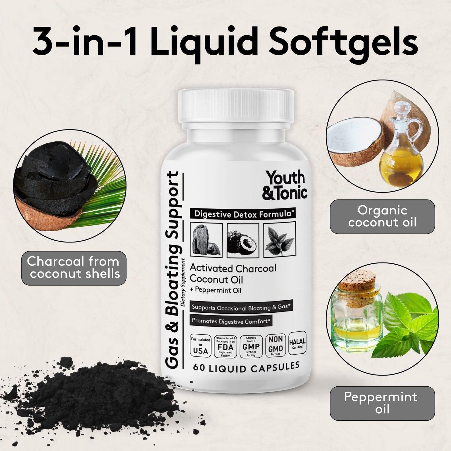 USA imported activated coconut charcoal capsules with peppermint oil.