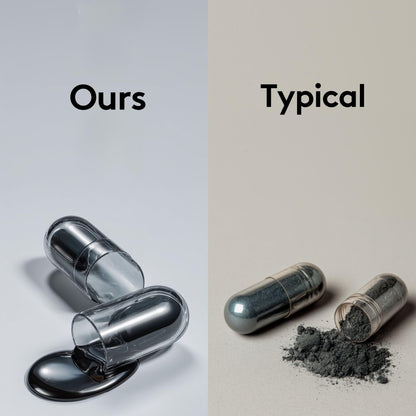 Non-GMO liquid activated charcoal capsules for stomach cleanse.