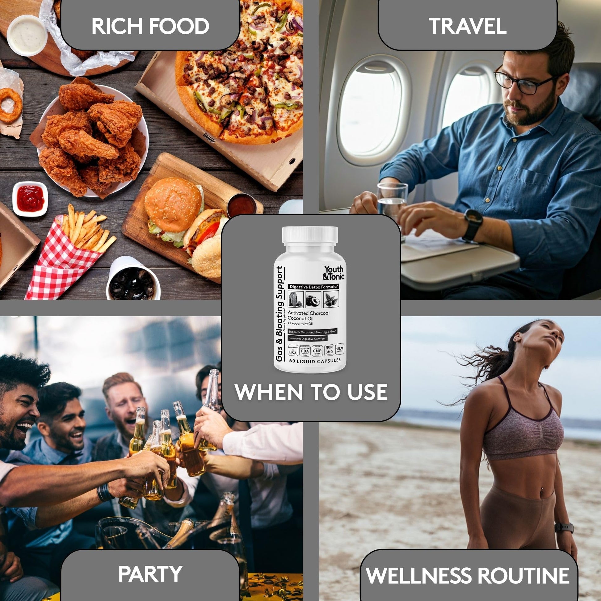 Authentic Youth & Tonic charcoal supplement for occasional bloating.
