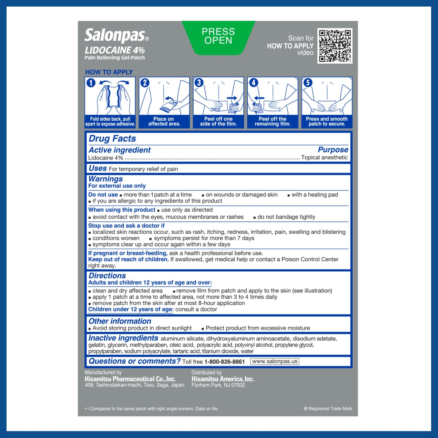 Salonpas lidocaine patch demonstrating hydro-gel technology