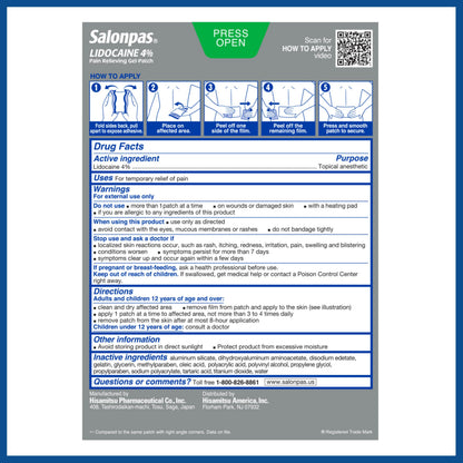 Salonpas lidocaine patch demonstrating hydro-gel technology