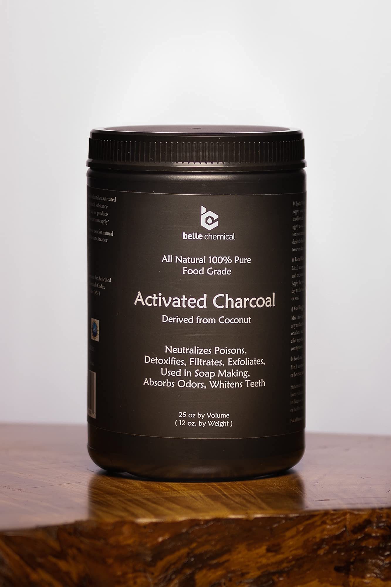 Premium food grade Kosher certified coconut charcoal powder jar close up