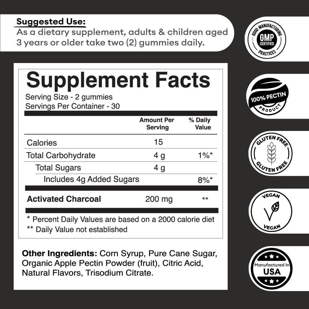 Side view of Jovithea charcoal dietary supplement showing natural acai flavor and 60 count details.
