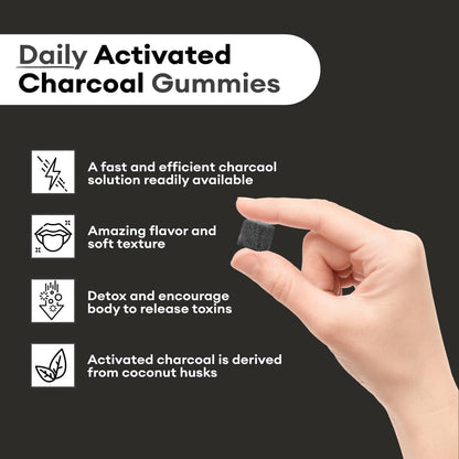 Close up of the supplement facts and coconut shell charcoal ingredients on the back label.